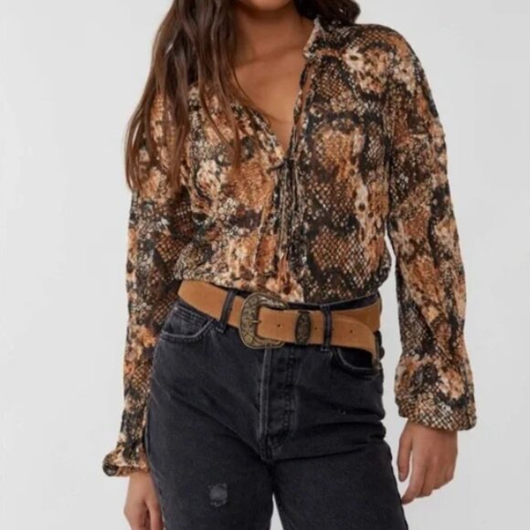 Free People Out For The Night Top Snake Combo Blouse Size S - Picture 3 of 16